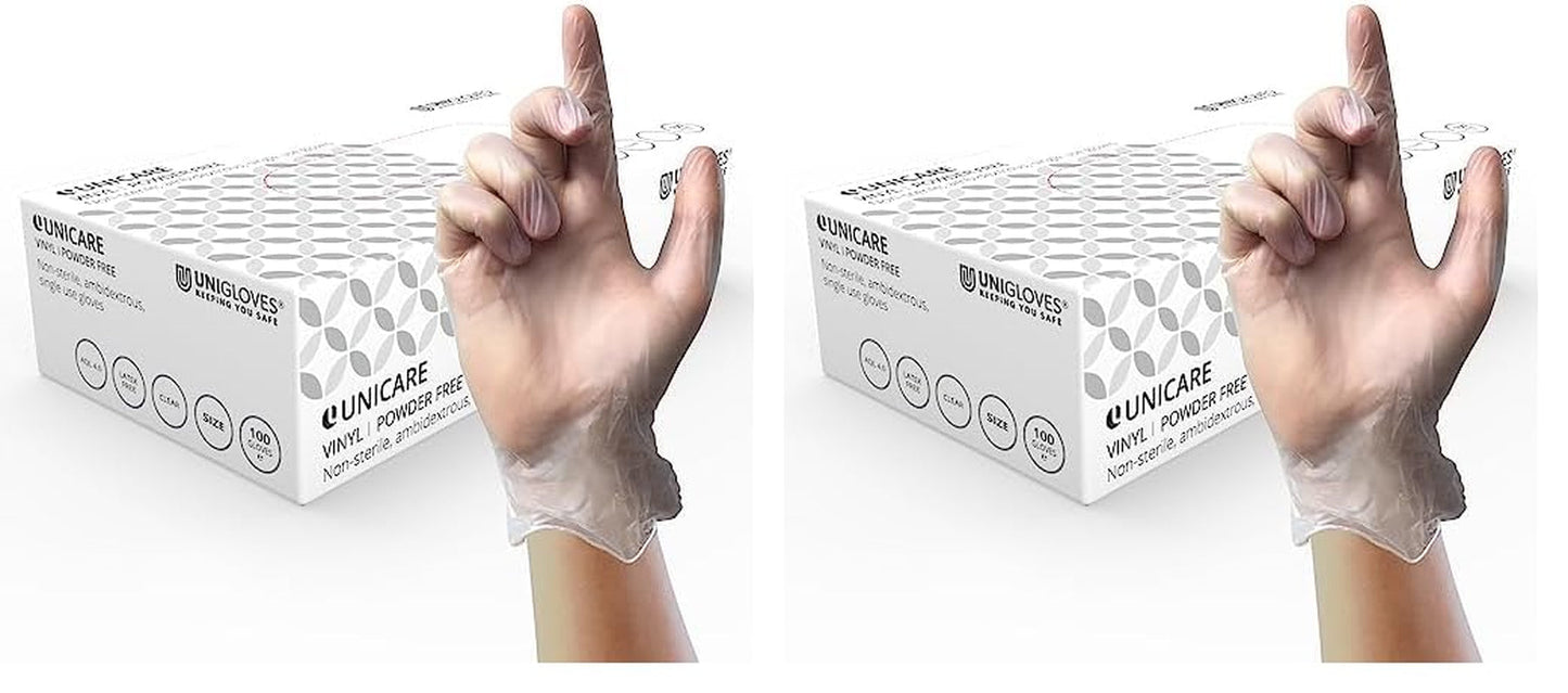 Unigloves Unicare Vinyl Multipurpose Disposable Gloves, Powder Free, Latex Free, Medium Weight, Box of 100 Gloves, Clear, Size Medium (GS0063)