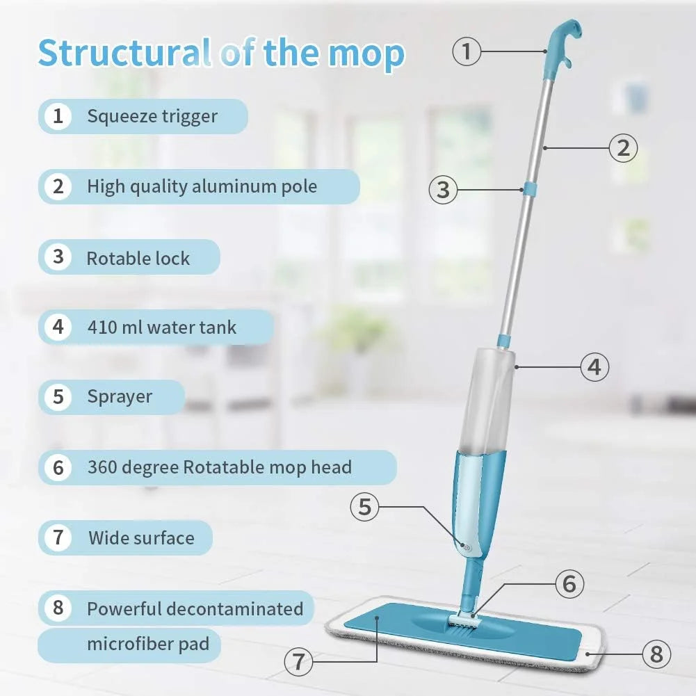 SUGARDAY Microfiber Spray Mops for Floor Cleaning with 4 Washable Pads 2 Refillable Bottle Blue