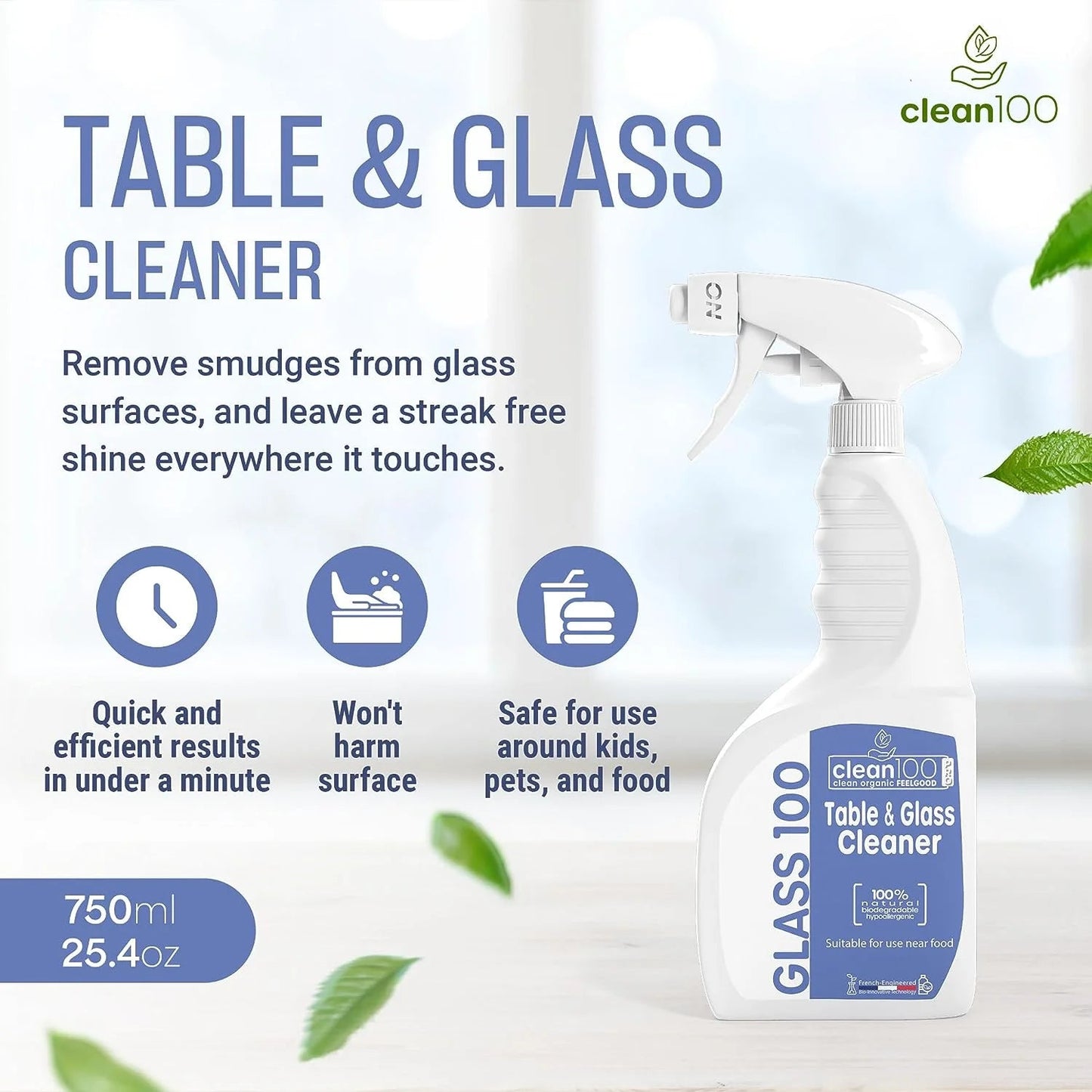 Clean 100 Table & Glass Cleaner Spray Unscented 100% Natural Cleaner for Shower Mirror, 750 Ml