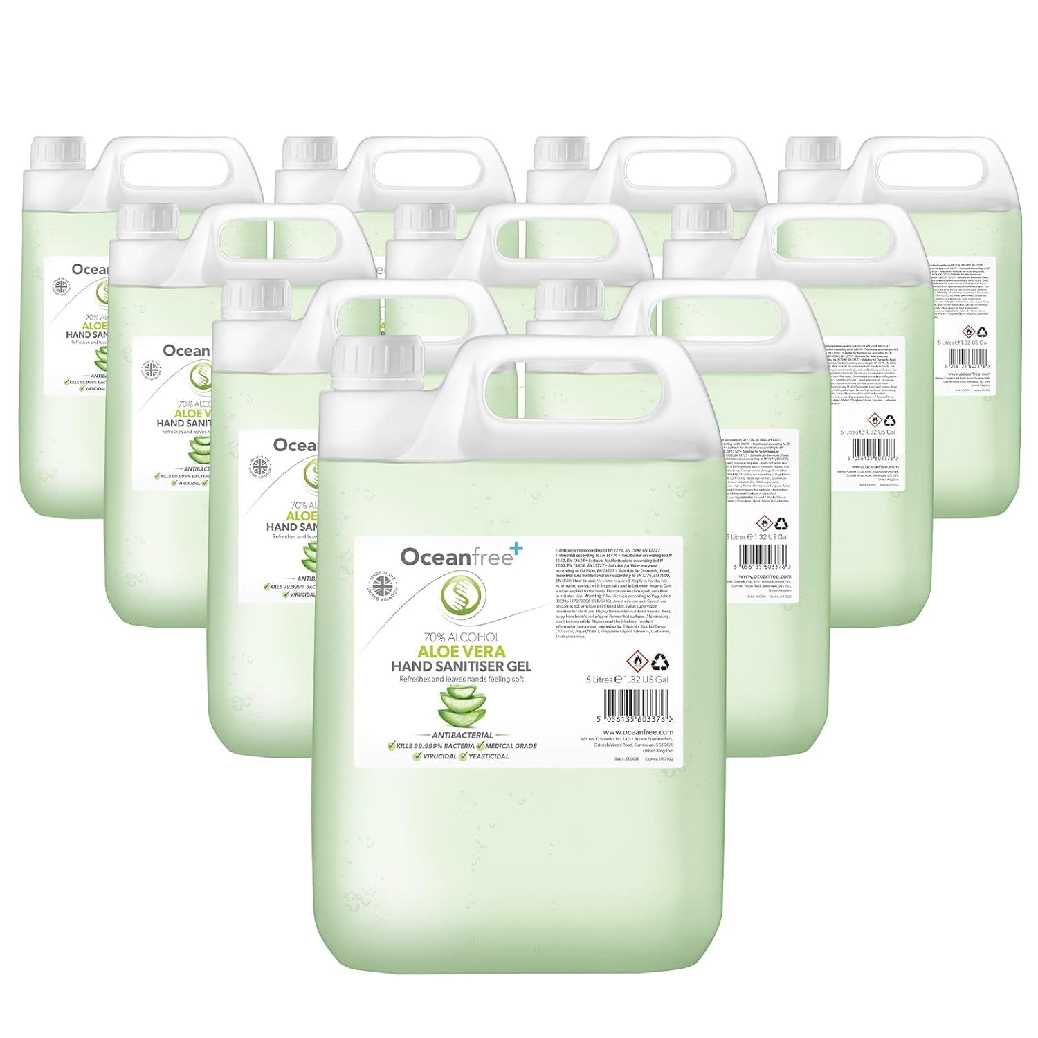 Aloe Vera Hand Sanitiser Gel - 5L Litre - 70% Alcohol - Made in the UK (Single)