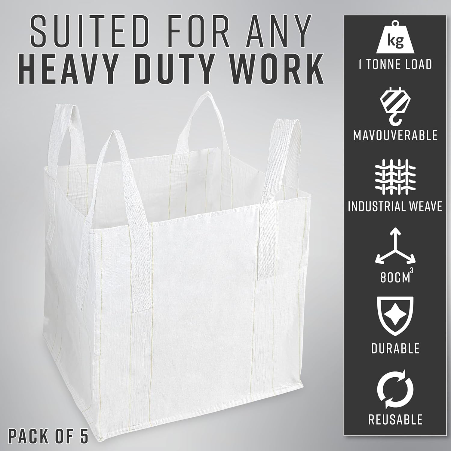 Deco Express Commercial Waste Bags 500L Heavy Duty Industrial Fabric FIBC Builders Bags with Handles, 1 or 1.5 Tonnes, White, 80 X 80 X 80 Cm (White 1T - 5 Pack)