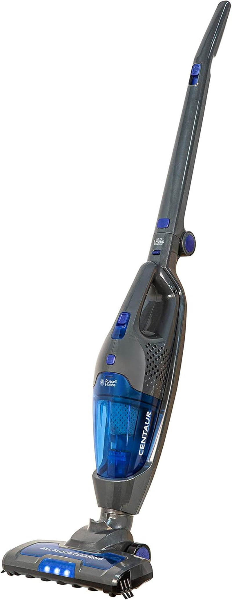 Russell Hobbs Cordless Upright Stick Vacuum Cleaner Bagless 2 in 1 Grey and Blue 600W 2 Speed Settings 60 Min Run Time, for Carpets & Hard Floors with Crevice & Brush Tool, 2 Year Guarantee RHSV2211