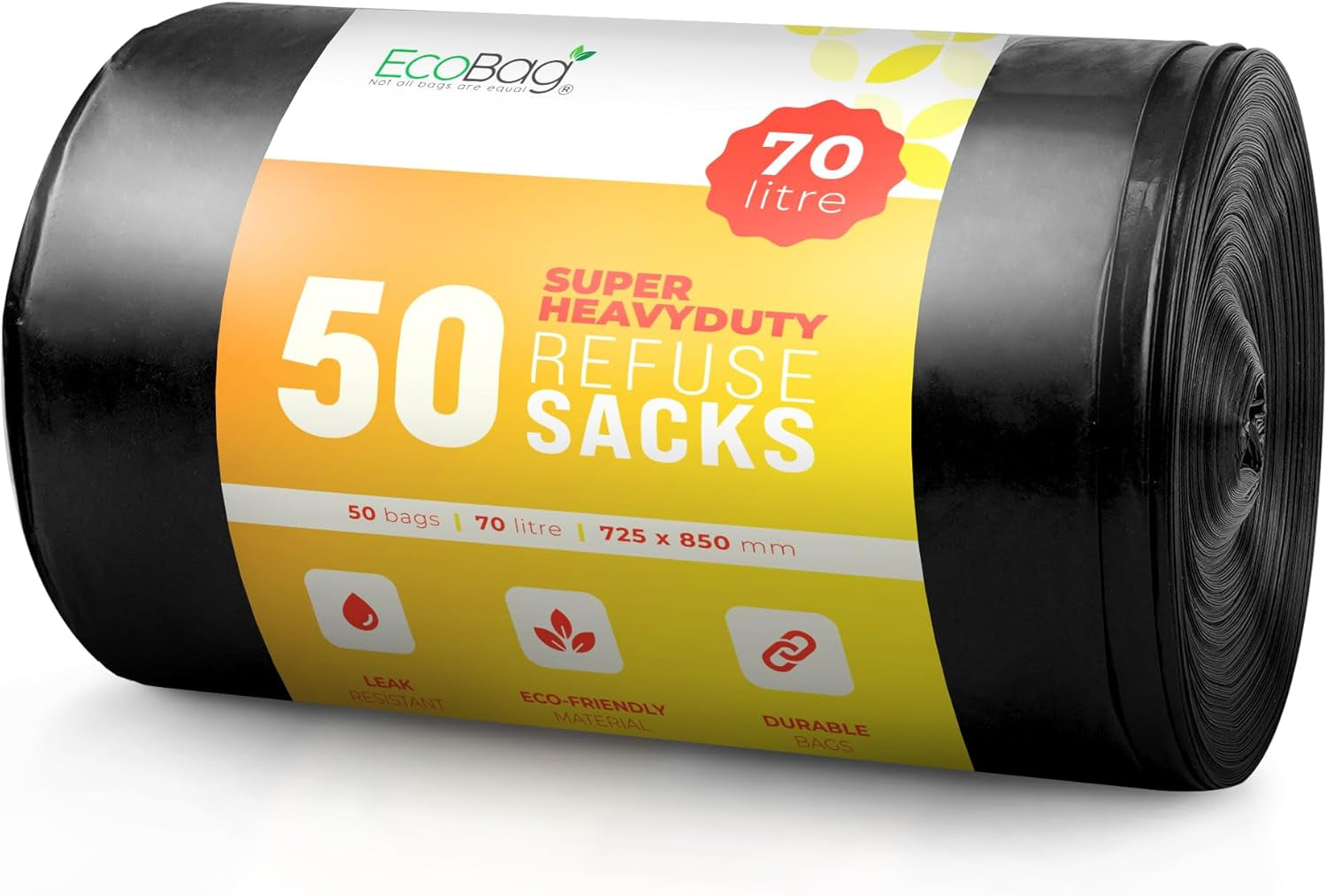 Ecobag - 50 Pack Extra Strong Heavy Duty Refuse Sacks - Recyclable Bin Bags, Leak Resistant, Eco-Friendly, Durable Waste Disposal Bags for Household & Commercial Use