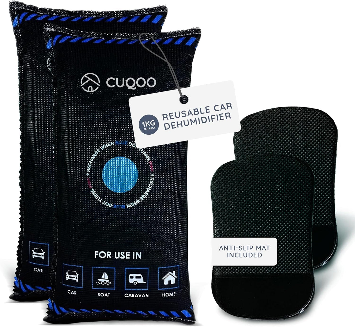 CUQOO Reusable Car Dehumidifier Bag for Car Interior - Moisture Absorber with Dashboard Mounting Anti-Slip Mat, Microwave Fast Reactivated Packets, Rechargeable Dehumidifier