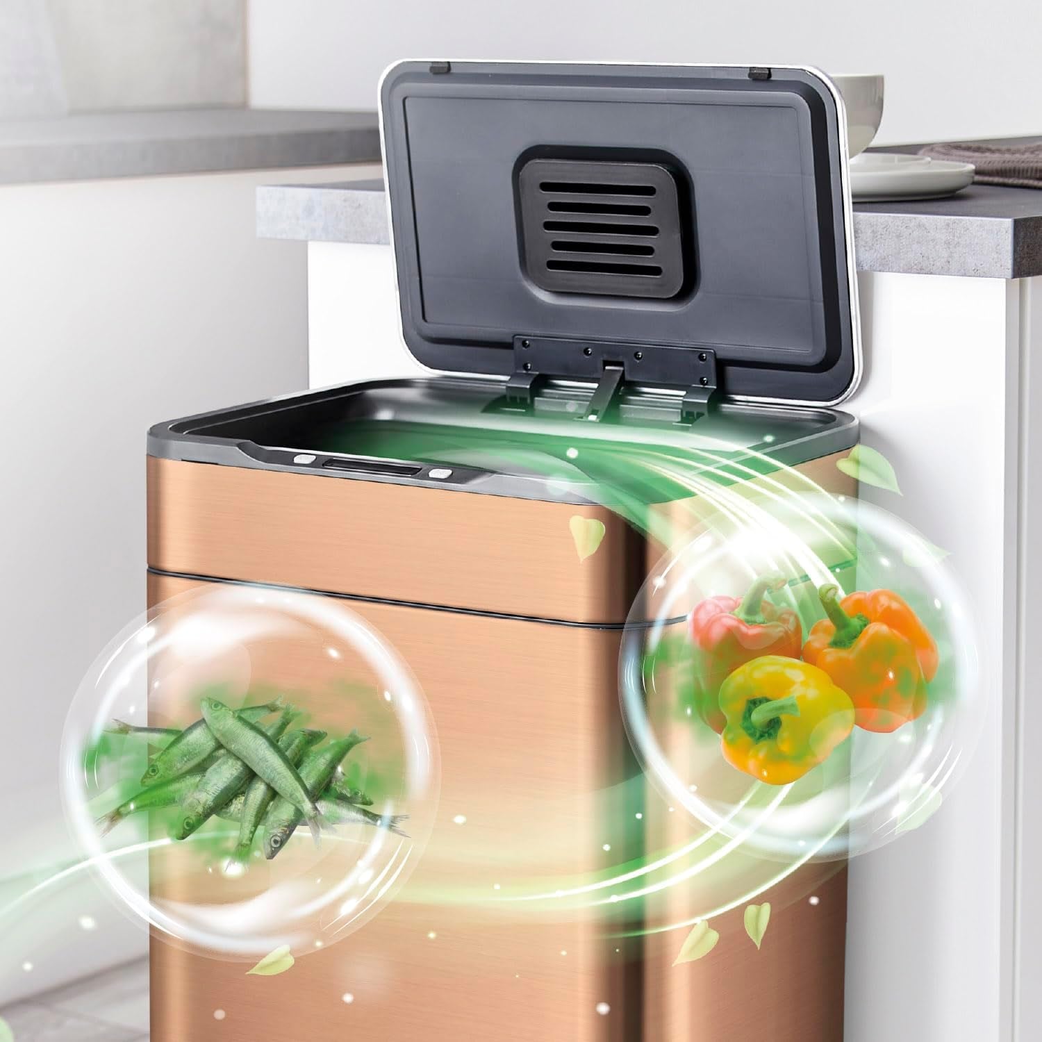 Tower T938022COP Ozone Sensor Bin with Legs, Large 65L, Hands Free Opening, Carbon Filter, Copper