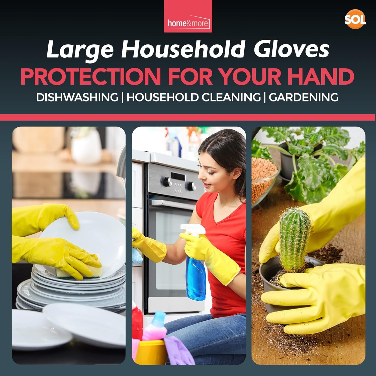 SOL 4 Pairs Large Household Gloves, Yellow Heavy Duty Rubber Gloves for Cleaning with Non-Slip Grip, Durable Waterproof Design for Kitchen, Bathroom & Dishwashing, Multipurpose & Comfortable to Use