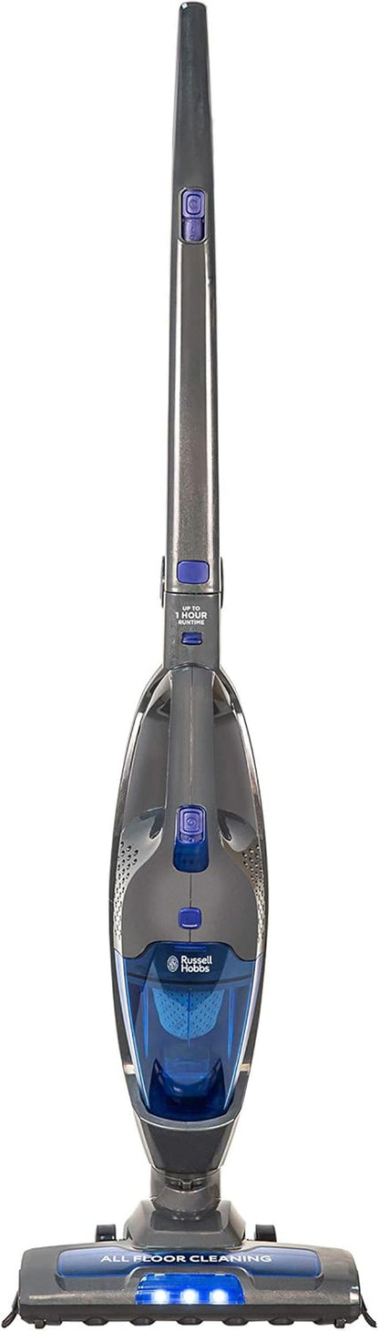 Russell Hobbs Cordless Upright Stick Vacuum Cleaner Bagless 2 in 1 Grey and Blue 600W 2 Speed Settings 60 Min Run Time, for Carpets & Hard Floors with Crevice & Brush Tool, 2 Year Guarantee RHSV2211