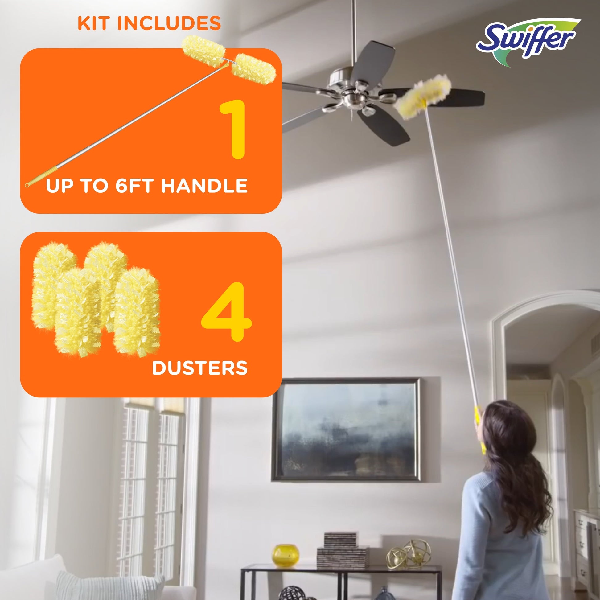 Swiffer Dusters with Extension Pole, Cleaning Kit Includes 6Ft Extendable Handle + 4 Duster Refills