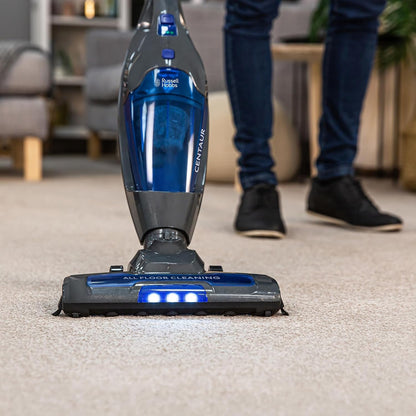 Russell Hobbs Cordless Upright Stick Vacuum Cleaner Bagless 2 in 1 Grey and Blue 600W 2 Speed Settings 60 Min Run Time, for Carpets & Hard Floors with Crevice & Brush Tool, 2 Year Guarantee RHSV2211