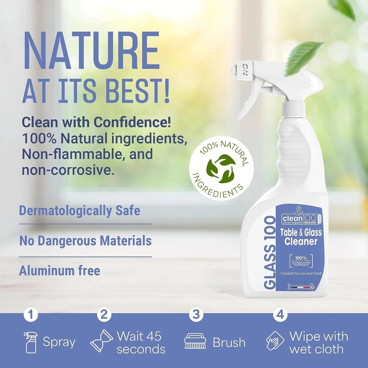 Clean 100 Table & Glass Cleaner Spray Unscented 100% Natural Cleaner for Shower Mirror, 750 Ml