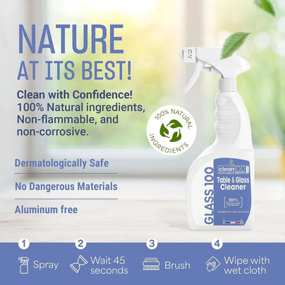 Clean 100 Table & Glass Cleaner Spray Unscented 100% Natural Cleaner for Shower Mirror, 750 Ml