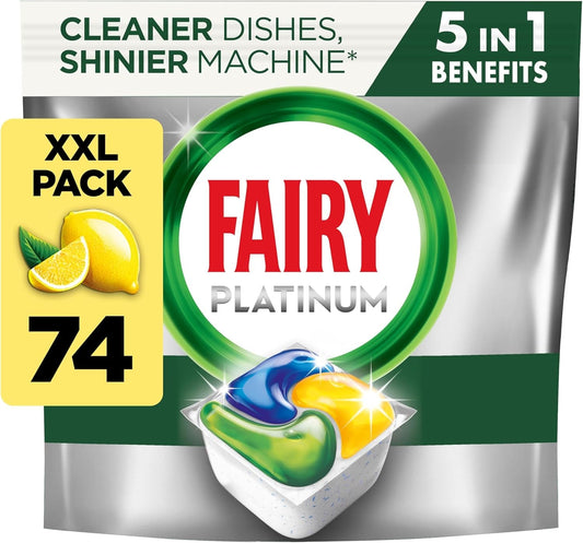 Fairy Platinum All-In-1 Dishwasher Tablets Bulk, Fairy Dishwasher Tablets Platinum Plus, 74 Tablets, Lemon, with Greasy Filter & Rinse Aid Action, Packaging May Vary