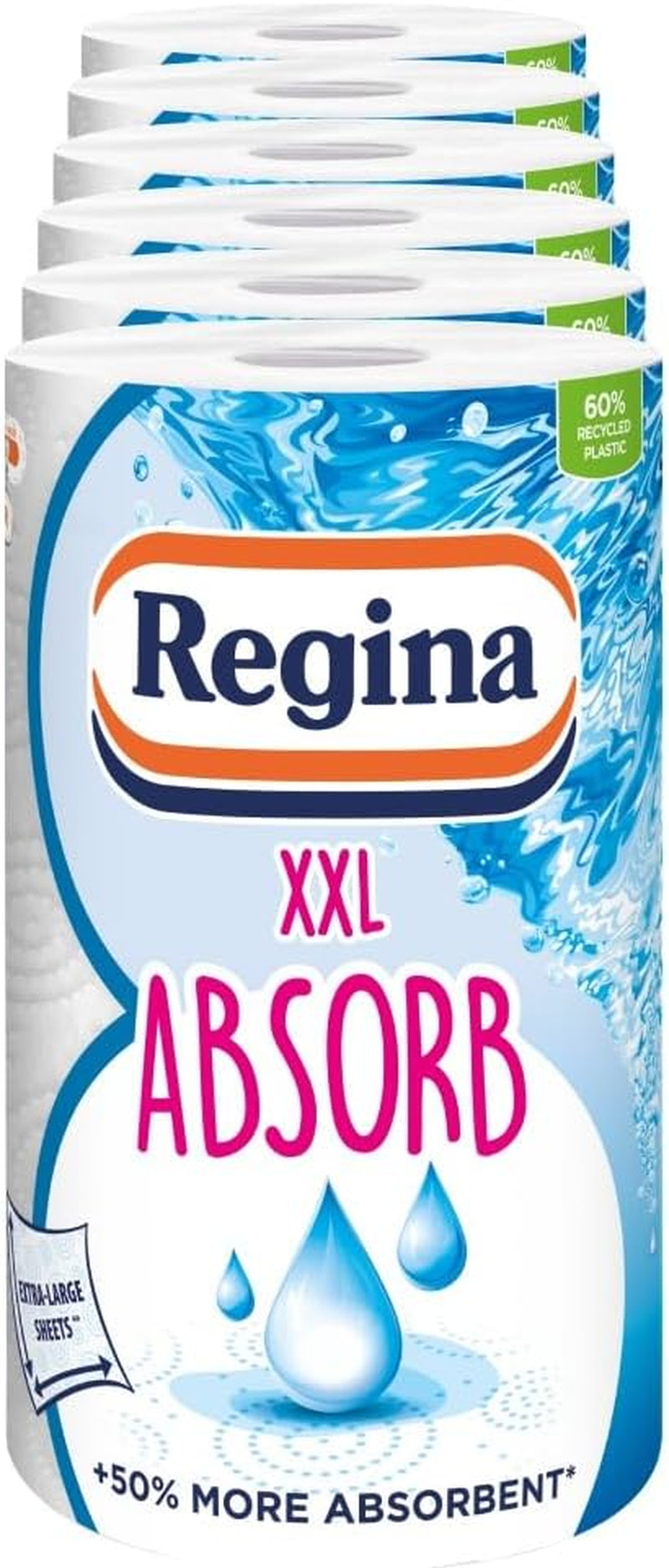 Regina XXL Absorb Kitchen Towels – 8 Rolls per Pack, Super Absorbent 2-Ply Kitchen Towels, 75 Sheets per Roll, Extra-Large Sheets, 50 Percent More Absorbent than Previous XXL Products, Easy Open Pack