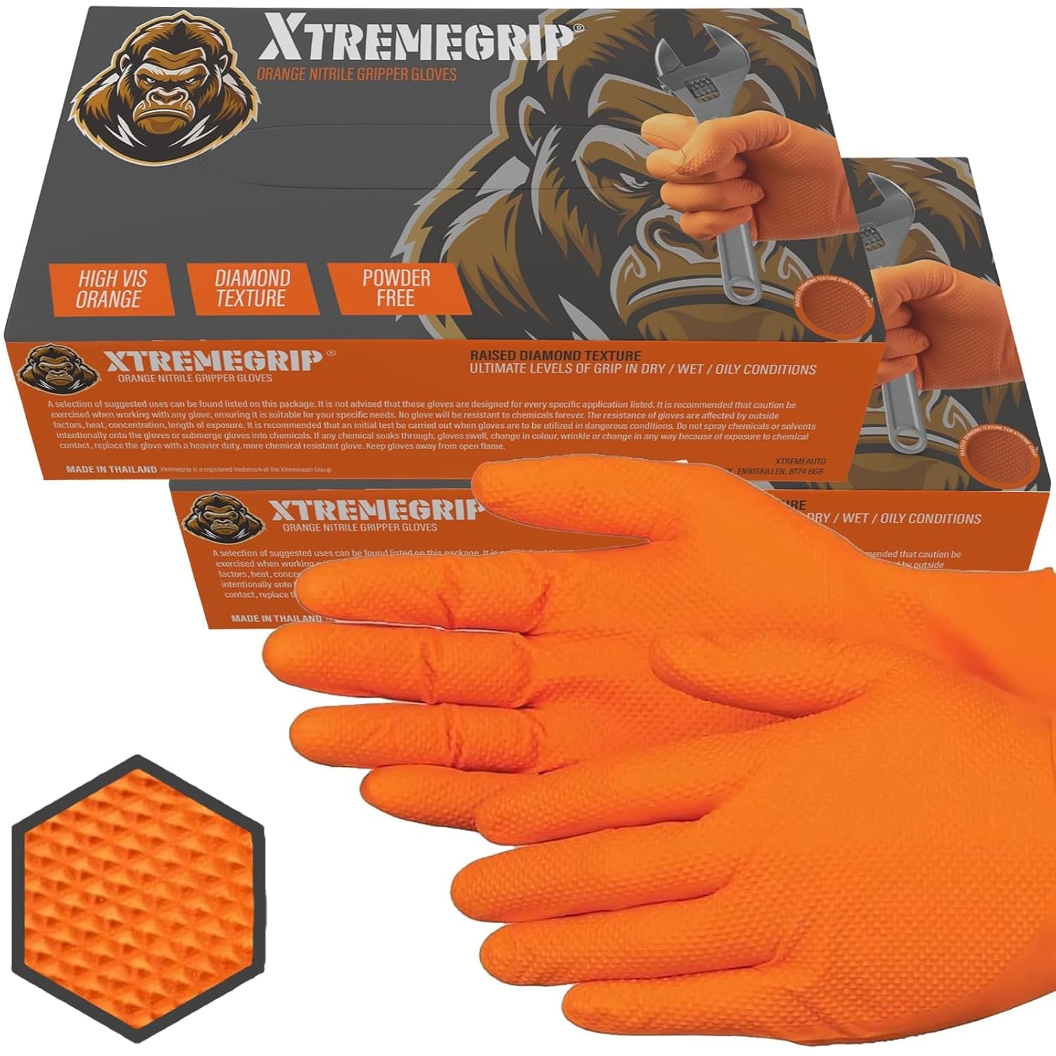 Xtremeauto Nitrile Gloves - Disposable Gloves, Diamond Grip Orange Gloves - Powder-Free & Latex Free Nitrile Gloves, Extra Thick & Strong Rubber Gloves (1 Box, Large)