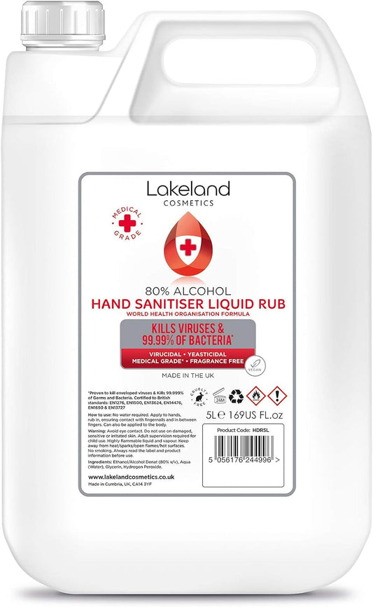 80% Alcohol Hand Sanitiser Liquid Rub - 5L Litre - Kills 99% Bacteria, Germs - Sanitizer (Single)