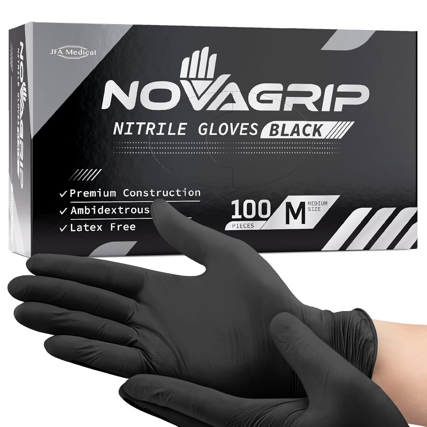 Novagrip JFA Medical Mechanic, Tattooist, Tattoo Disposable Powder Free Latex Free Black Nitrile Gloves - Box of 100 (Extra Large)