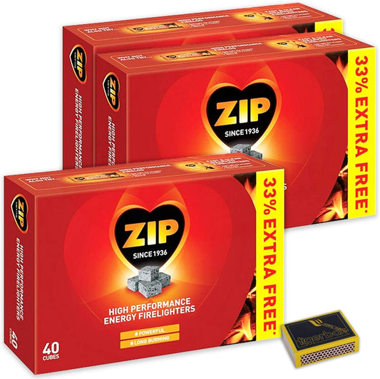 3 X Packs of 40 Zip High Performance Energy Block Firelighters. Long Burning, Powerful & Reliable for Open Fires, Stoves, Bbqs & Tigerbox Safety Matches