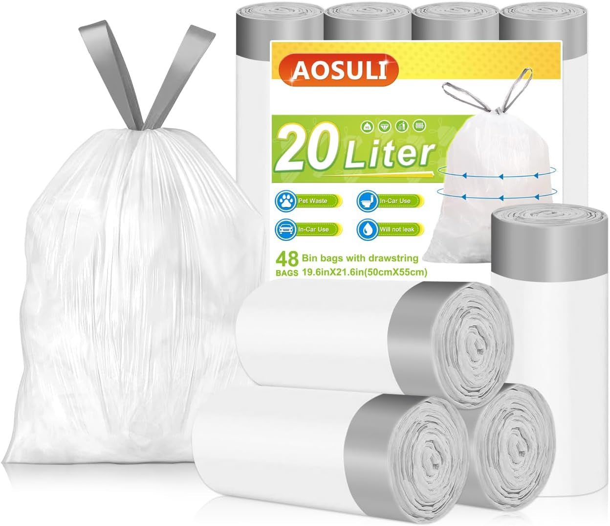 Bin Bags 20L with Drawstring Tie Handle,Aosuli White Bin Liners/Strong Trash Bags