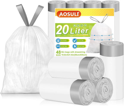 Bin Bags 20L with Drawstring Tie Handle,Aosuli White Bin Liners/Strong Trash Bags