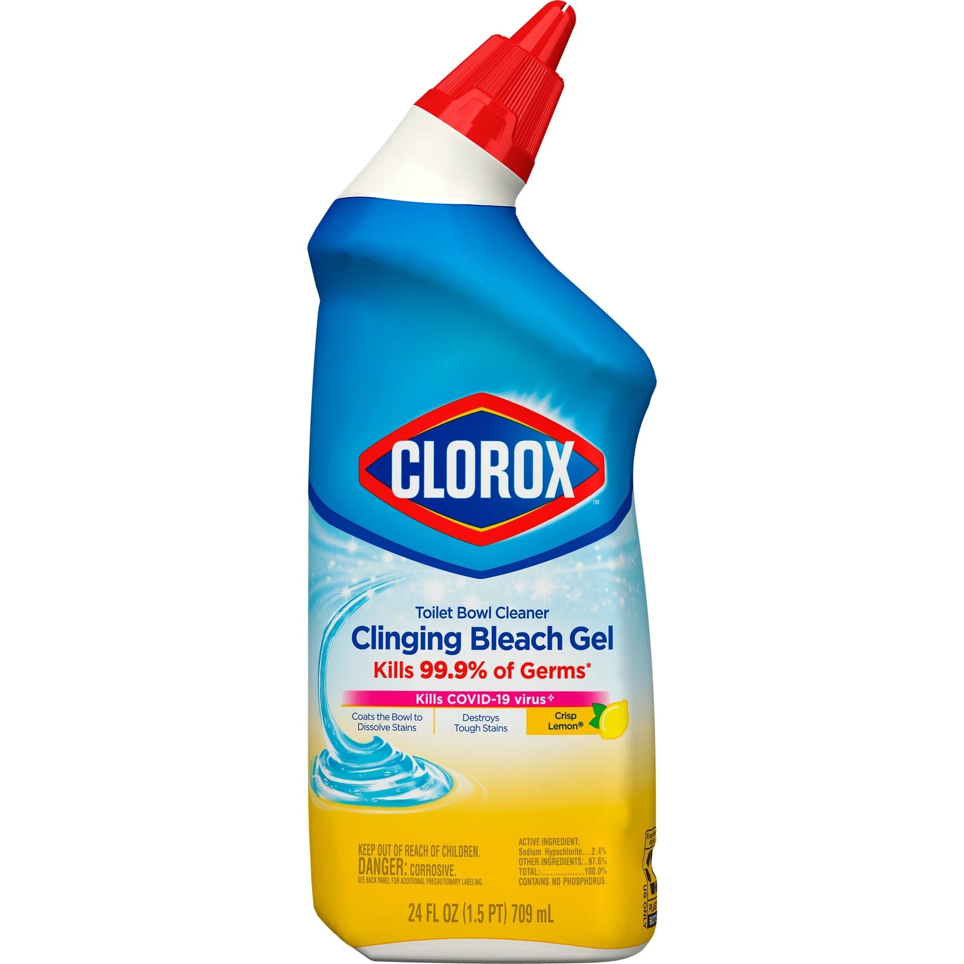 Clorox Toilet Bowl Cleaner Clinging Bleach Gel, Crisp Lemon, 24 Fl Oz