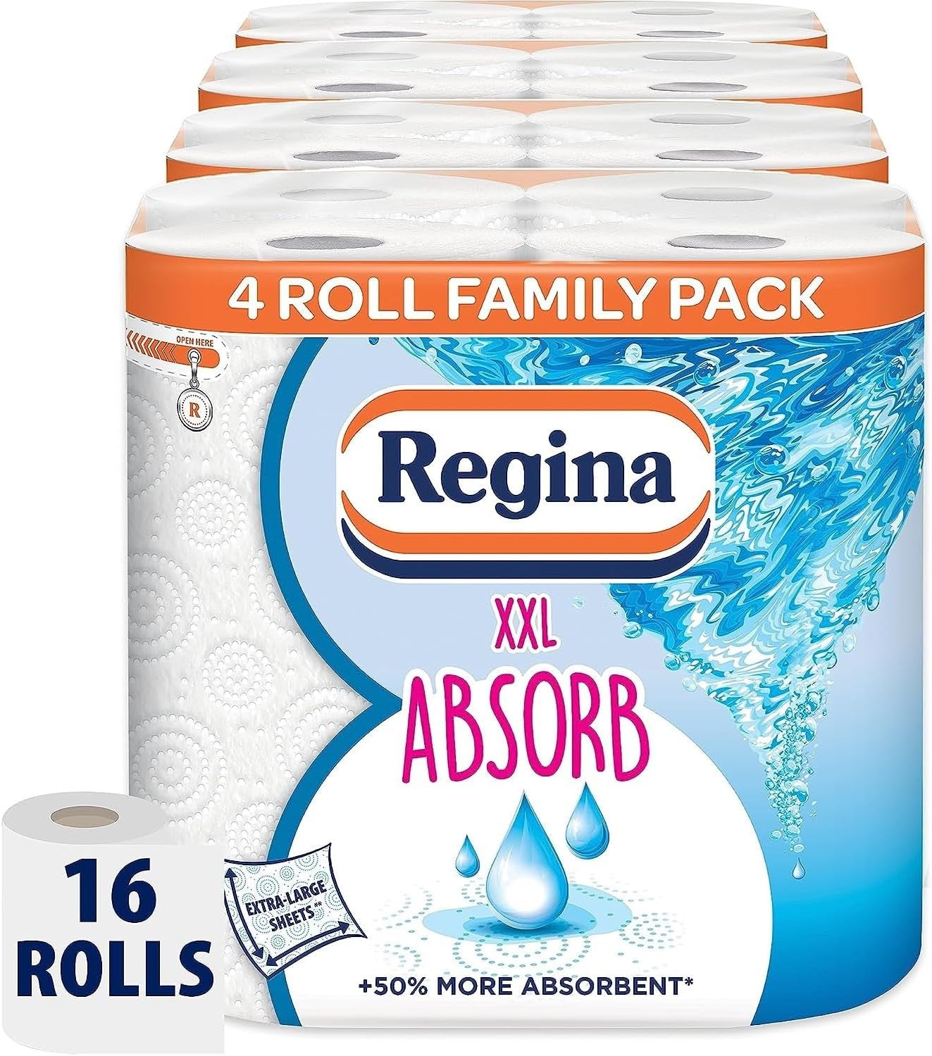 Regina XXL Absorb Kitchen Towels – 8 Rolls per Pack, Super Absorbent 2-Ply Kitchen Towels, 75 Sheets per Roll, Extra-Large Sheets, 50 Percent More Absorbent than Previous XXL Products, Easy Open Pack