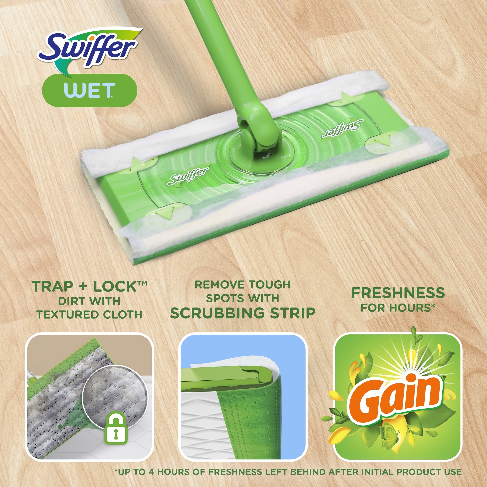 Swiffer Sweep + Mop, Wet Pads Refill, Floor Cleaner, Cleaning Cloths, Gain, 12Ct