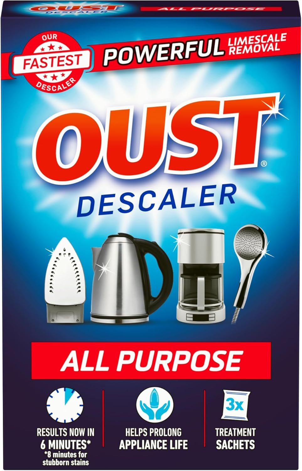 Oust Powerful All Purpose Descaler, New Formula, Limescale Remover – Ideal for Kettles, Coffee Machines, Irons and Shower Heads, 3 Sachets X 6 (18 Sachets Total)