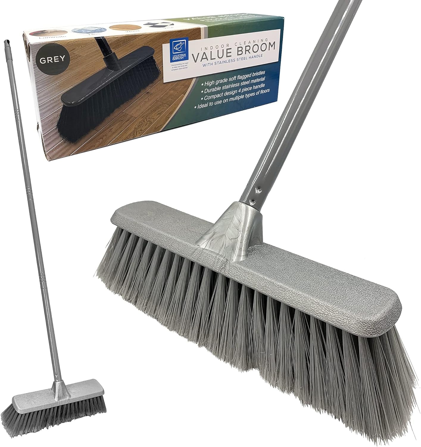 TDBS Soft Indoor Broom (Grey, 120Cm) - Perfect for Laminate, Vinyl or Wooden Floor, with Multi-Section Handle and Flagged Bristle