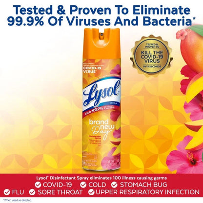 Lysol Disinfectant Spray, Sanitizing and Antibacterial Spray, for Disinfecting and Deodorizing, Brand New Day - Mango & Hibiscus, 19 Fl Oz.