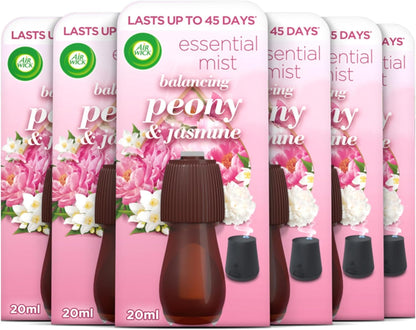 Air Wick Essential Mist Refills, Peony and Jasmine, Pack 6 X 20 Ml, Natural Essential Oils, Last up to 270 Days, Air Freshener