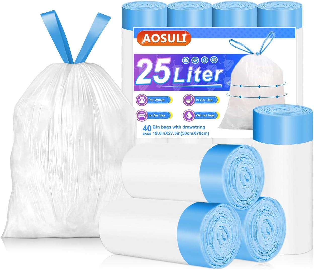 Bin Bags 20L with Drawstring Tie Handle,Aosuli White Bin Liners/Strong Trash Bags