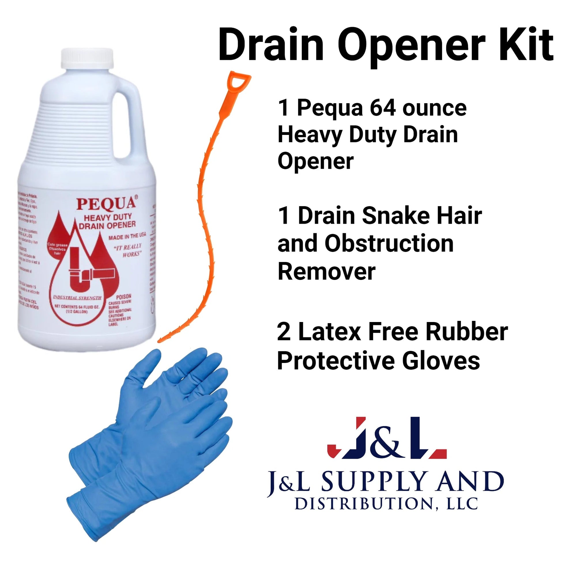 PEQUA HEAVY DUTY DRAIN OPENER KIT - 64 Ounce Clog Remover, Gloves, Pipe Tool Bundle for Sink, Shower Hair Clog Remover Dissolver