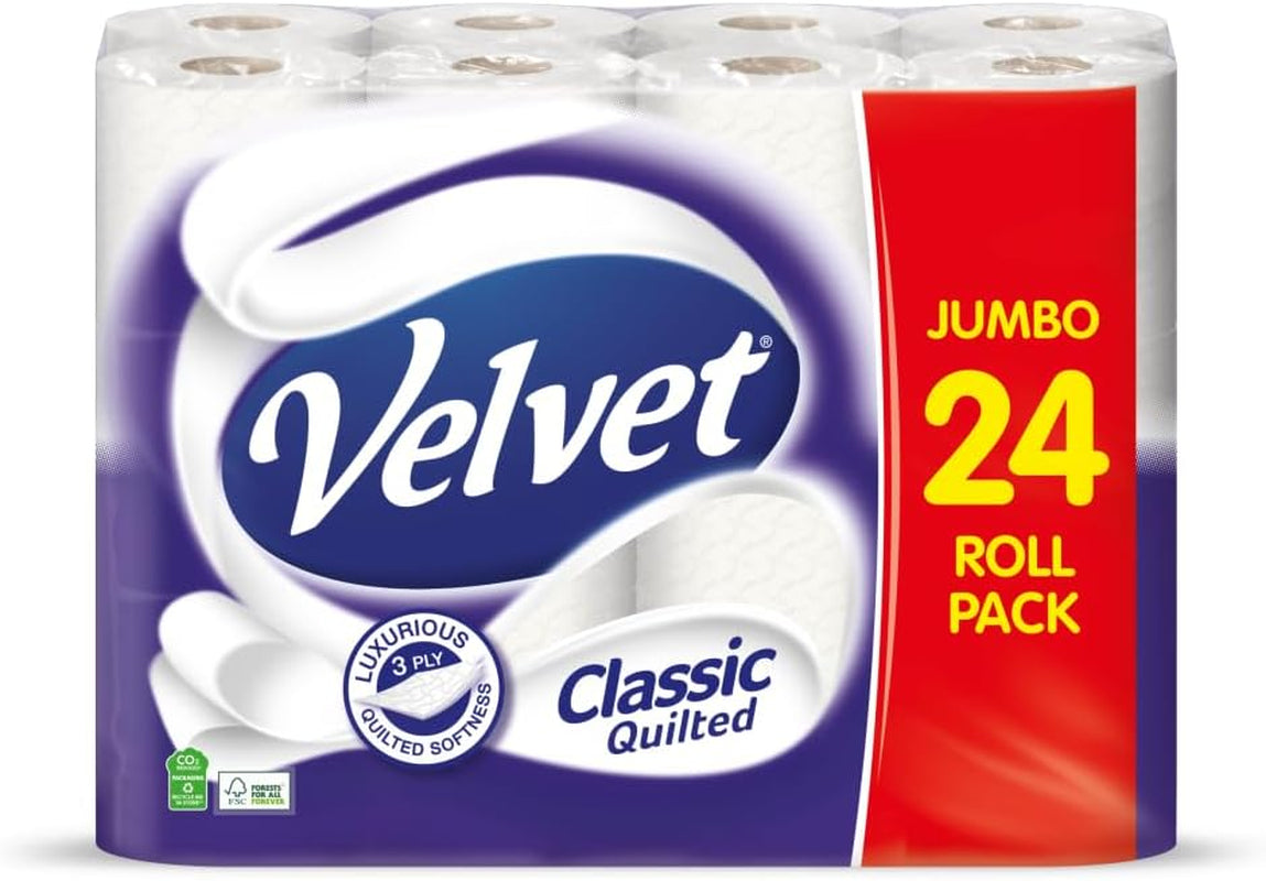 Velvet Classic Quilted Toilet Tissue 24 Rolls - Luxuriously Soft, Strong and Absorbent Toilet Roll - Jumbo Bulk Pack 24 Rolls - 3-Ply - White