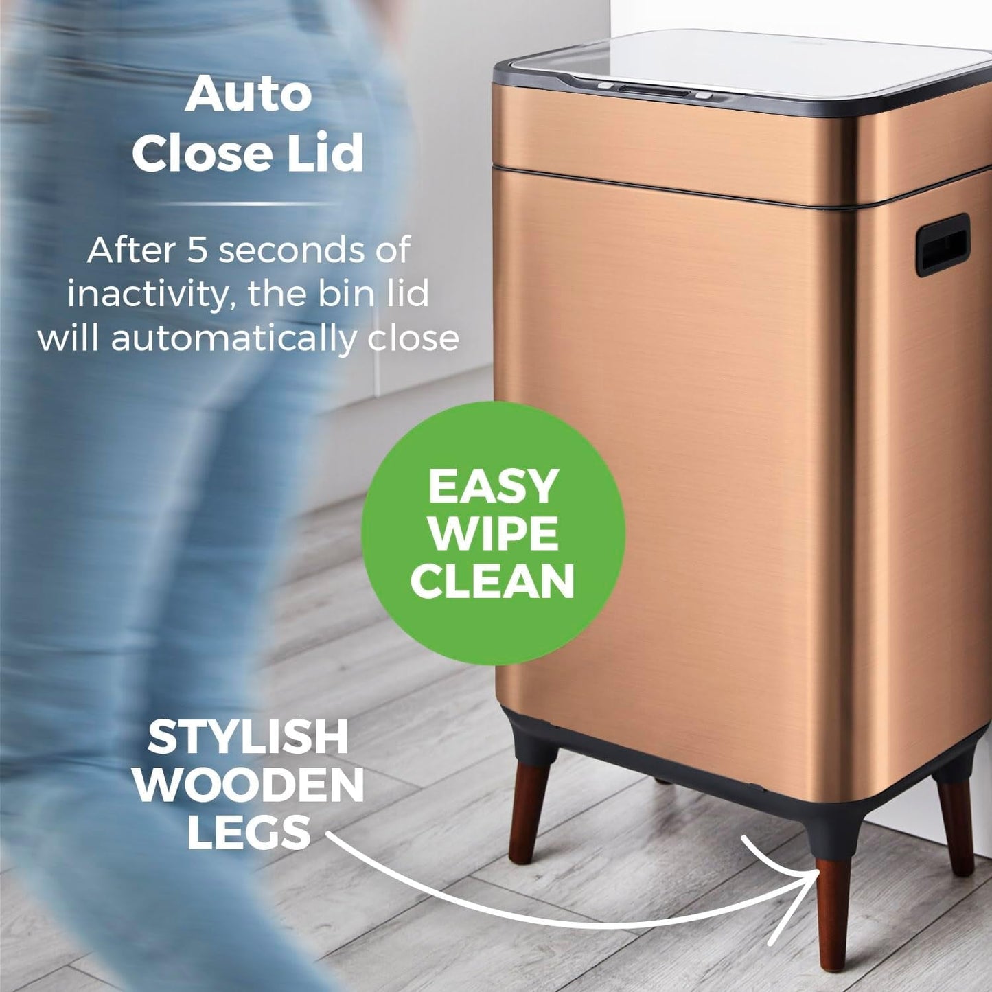 Tower T938022COP Ozone Sensor Bin with Legs, Large 65L, Hands Free Opening, Carbon Filter, Copper