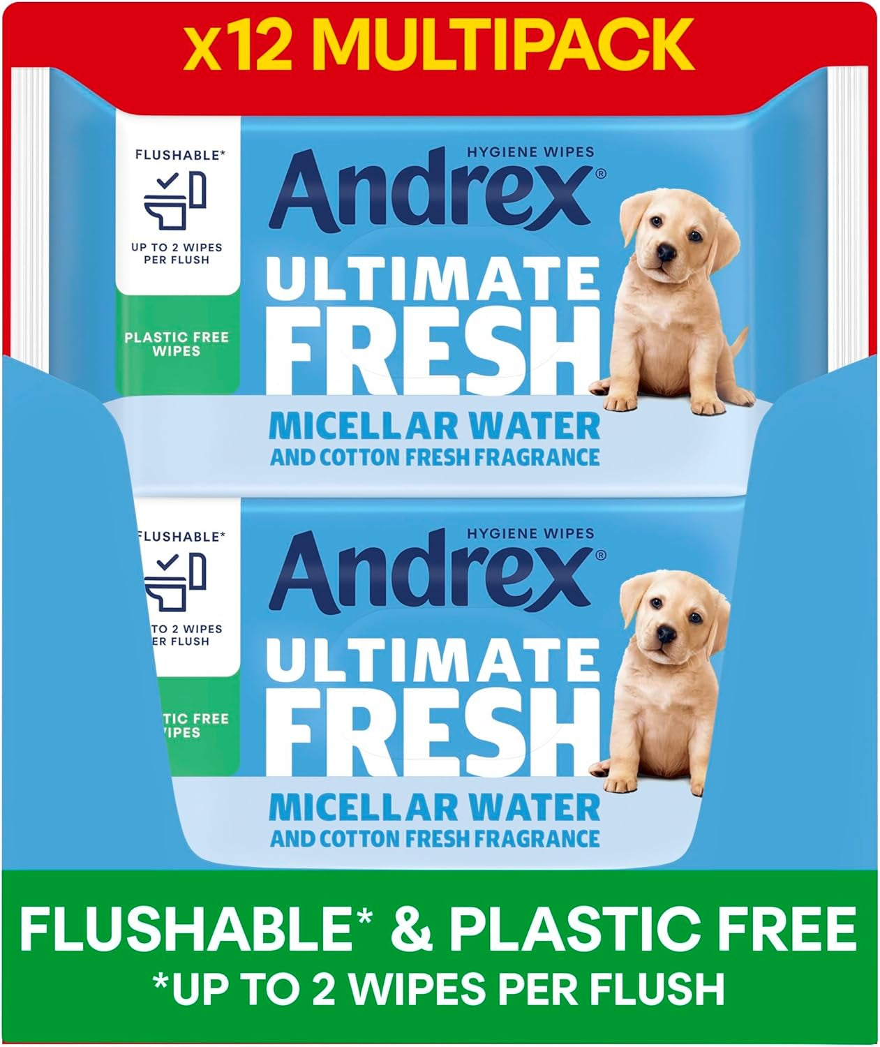 Andrex Ultimate Clean Washlets, 12 Packs, Flushable Toilet Tissue Wet Wipes with Micellar Water-Biodegradable and Plastic-Free - Use with Regular Toilet Roll for a Shower Fresh Clean, FSC Certified