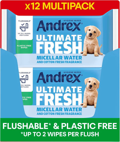 Andrex Ultimate Clean Washlets, 12 Packs, Flushable Toilet Tissue Wet Wipes with Micellar Water-Biodegradable and Plastic-Free - Use with Regular Toilet Roll for a Shower Fresh Clean, FSC Certified