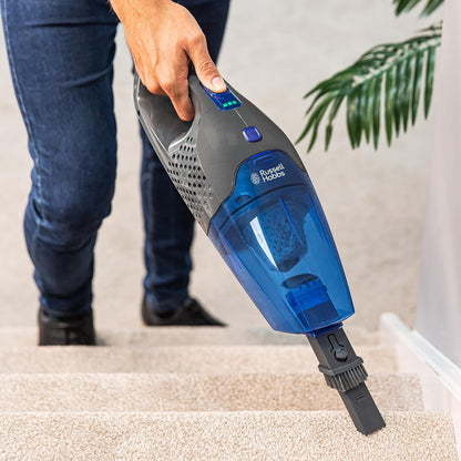 Russell Hobbs Cordless Upright Stick Vacuum Cleaner Bagless 2 in 1 Grey and Blue 600W 2 Speed Settings 60 Min Run Time, for Carpets & Hard Floors with Crevice & Brush Tool, 2 Year Guarantee RHSV2211