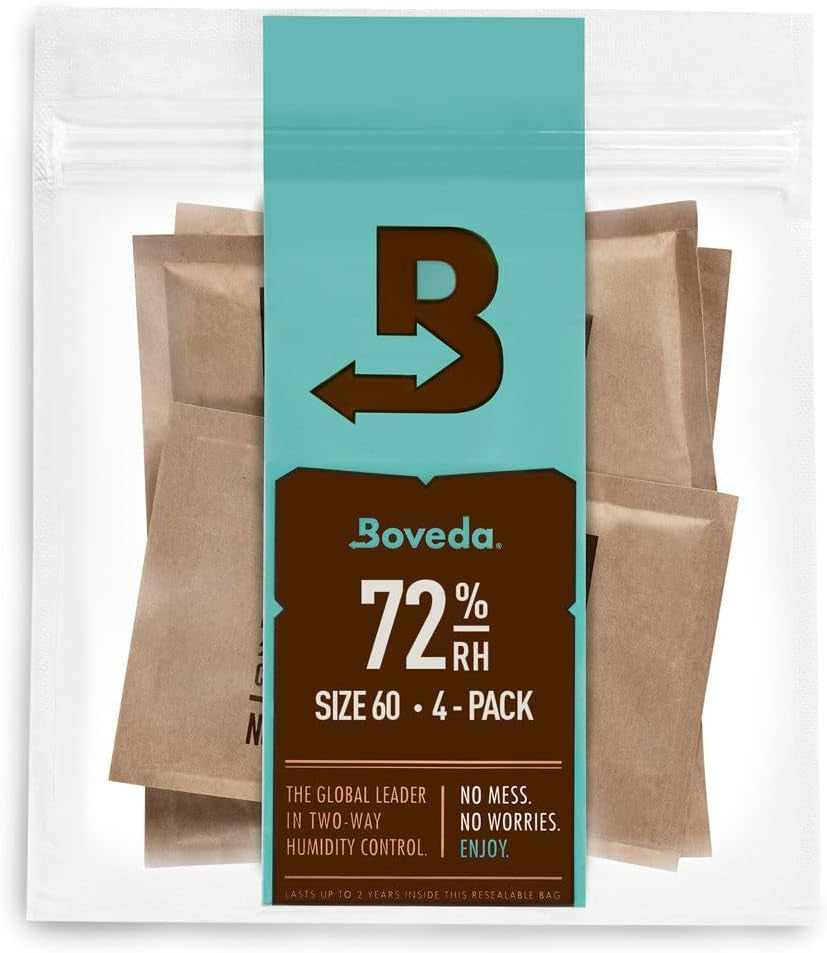 Boveda 72% Two-Way Humidity Control Packs for Wood Containers – Size 60 – 4 Pack – Moisture Absorbers – Humidifier Packs – Hydration Packets in Resealable Bag