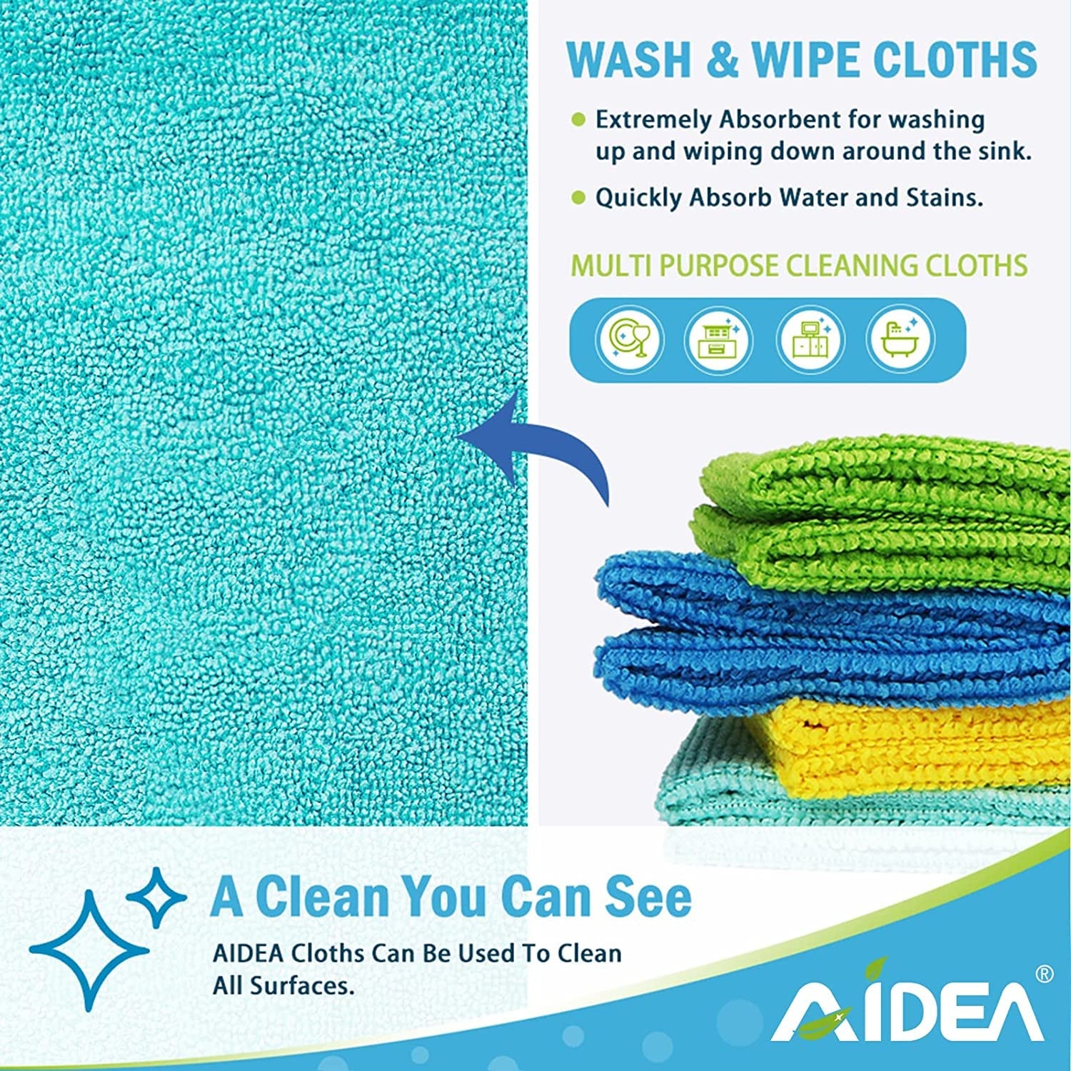 AIDEA Microfibre Cloth Pack of 8, Multifunctional Reusable Cleaning Cloths, Lint Free Streak Free Washable Cloth Duster for House, Kitchen, Car, Motorbike, Windows 30 X 30 Cm