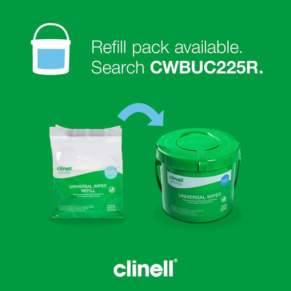 Clinell Universal Cleaning and Disinfectant Wipes Bucket - Pack of 225 - Multi Purpose Wipes, Kills 99.99% of Germs, Effective from 30 Seconds