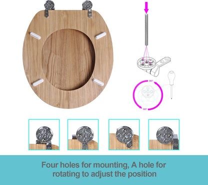 Angel Shield Toilet Seat Antibacterial Wooden Toilet Seat Adjustable Hinges Toilet Seat Always Fits Never Slips for Bathroom, 45 X 37 X 5.6 Cm (Solid Oak)