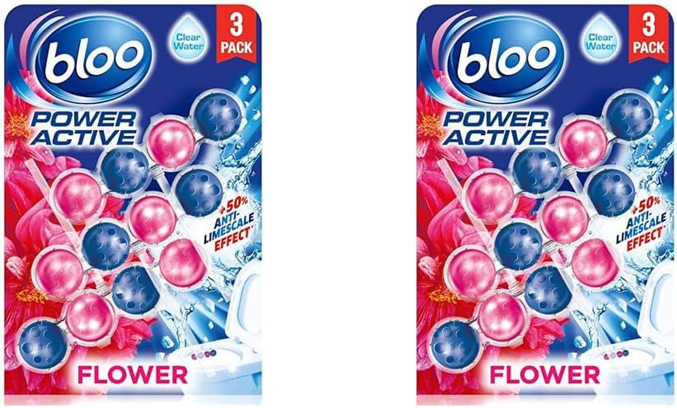 Bloo Power Active Toilet Rim Block Fresh Flowers, with Anti-Limescale, Cleaning Foam, Dirt Protection and Extra Freshness - Pack of 3 Rimblocks