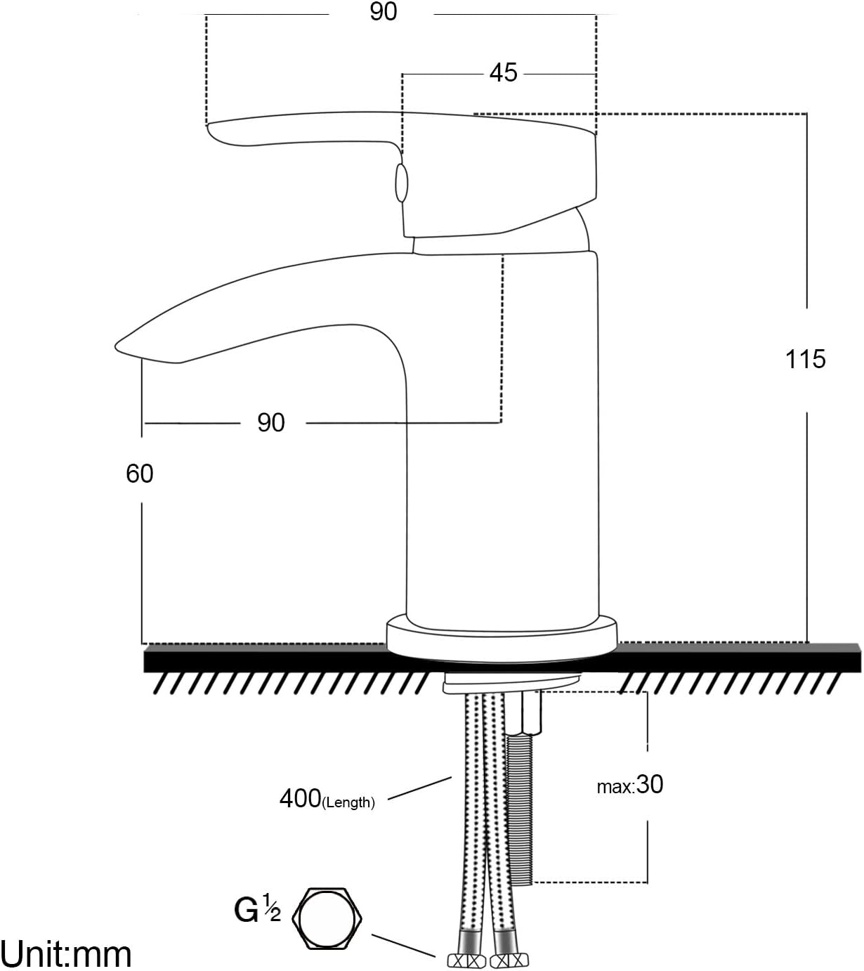 Funime Basin Taps Mixer Waterfall Bathroom Sink Tap Mixers Mono Chrome with Pop up Waste Brass Single Hole Monobloc with Hoses G1/2'' Modern Round