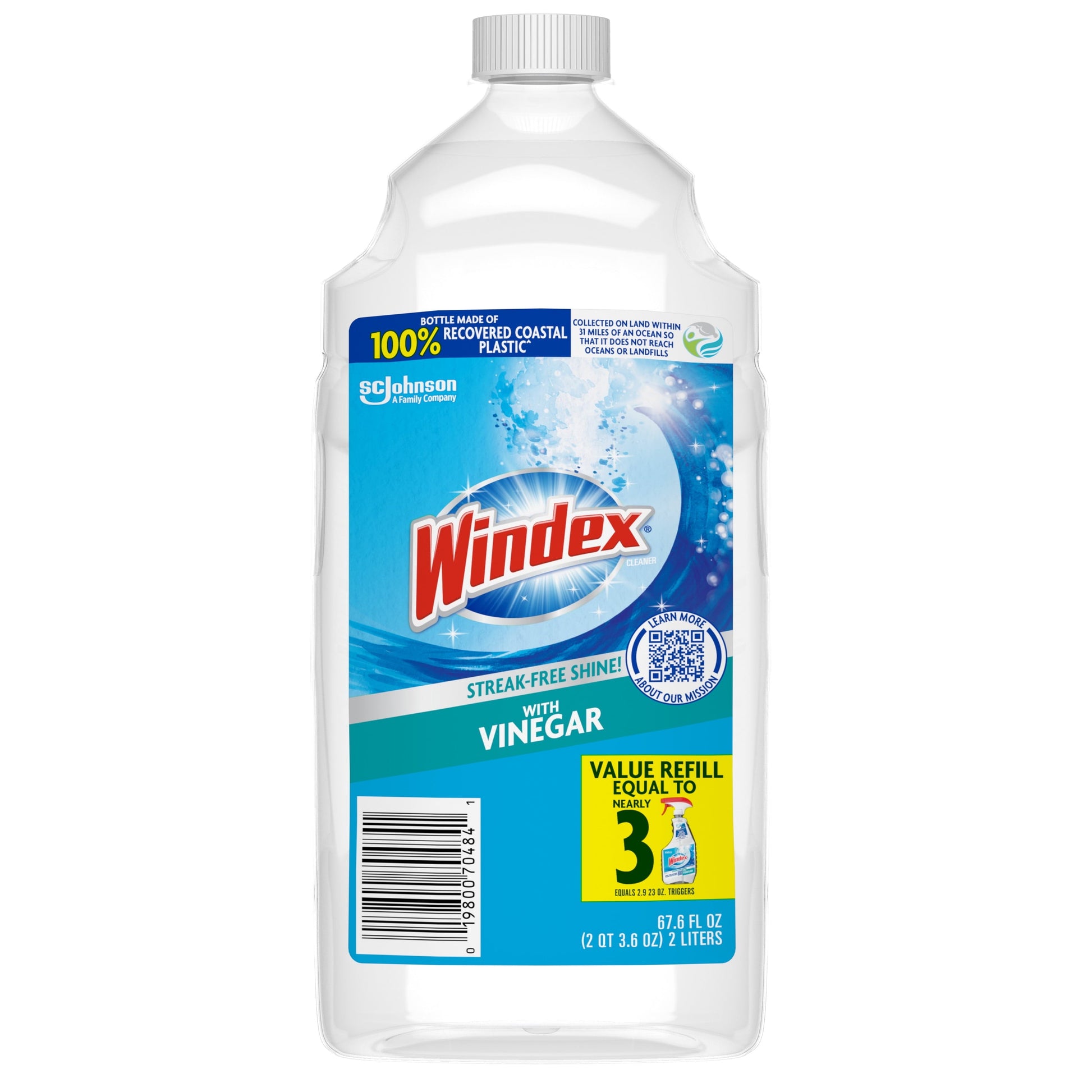 Windex® with Vinegar Glass Window Cleaner, New Refill Bottle, 2 L