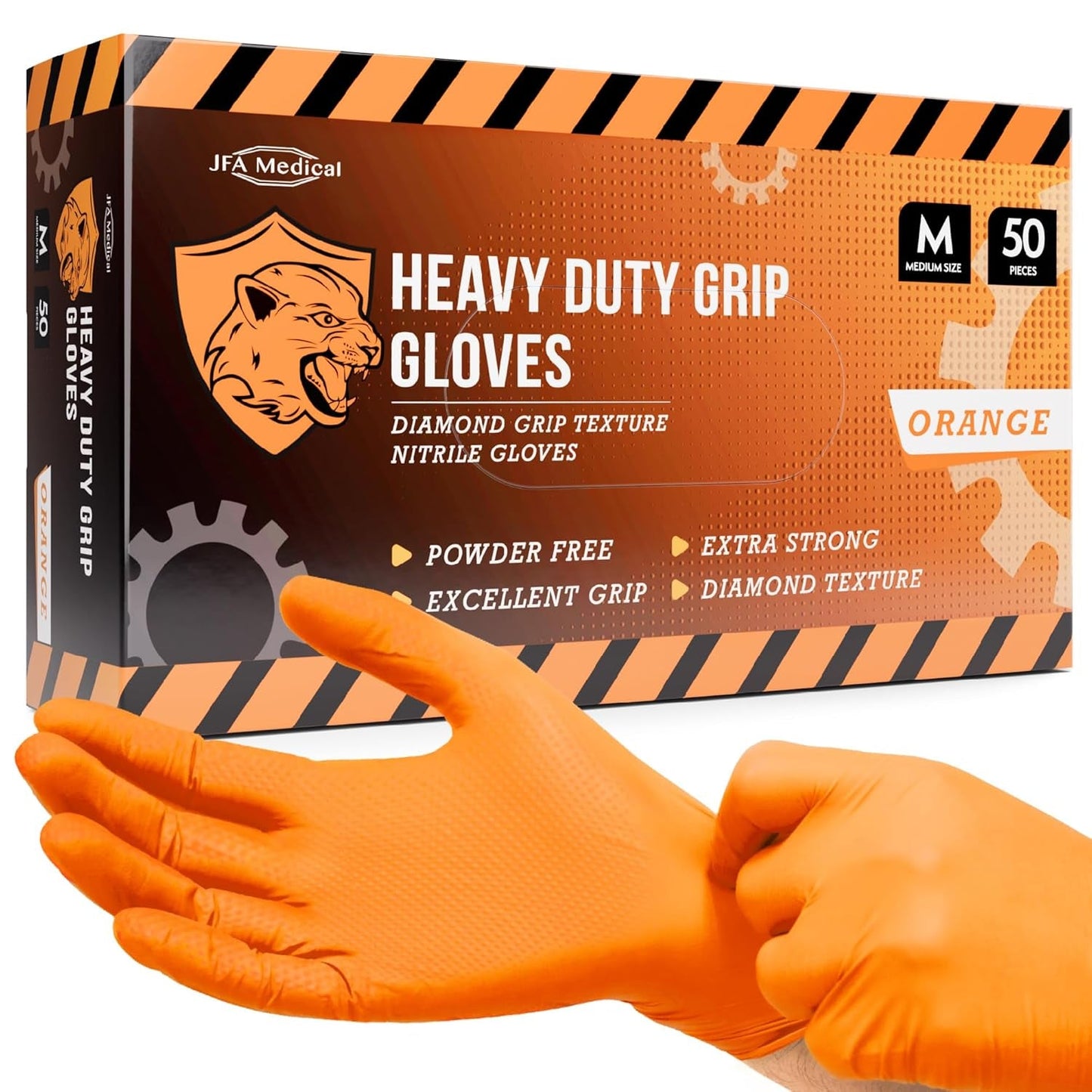 JFA Medical Disposable Heavy Duty Mechanic Powder Free Latex Free Orange Diamond Grip Nitrile Gloves - Box of 50 (Large)