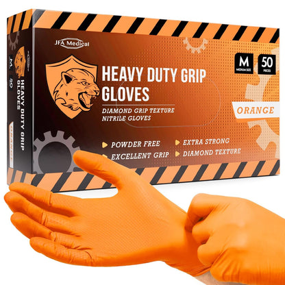 JFA Medical Disposable Heavy Duty Mechanic Powder Free Latex Free Orange Diamond Grip Nitrile Gloves - Box of 50 (Large)