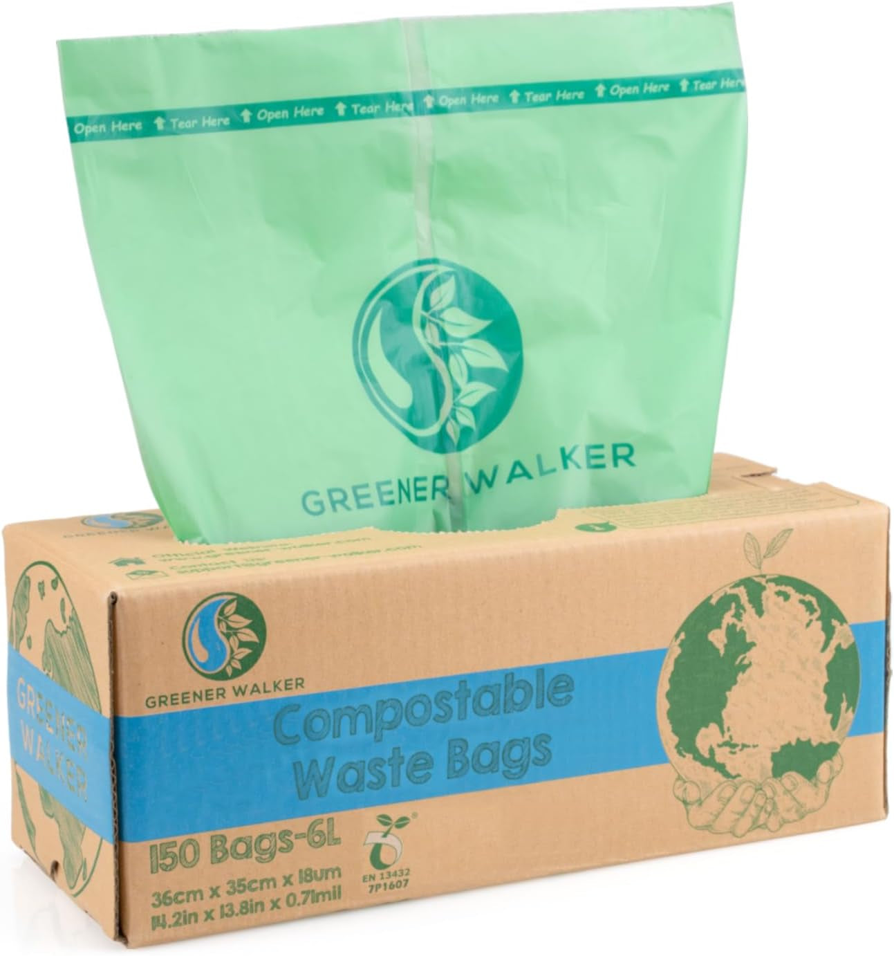 Greener Walker 6L-150Bags 100% Compostable Biodegradable Bin Liners 6L/10L/30L Food Waste Bags with EN13432 Certificate Caddy Kitchen Bin Liners