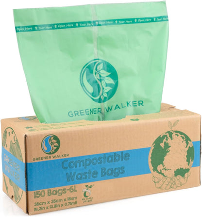 Greener Walker 6L-150Bags 100% Compostable Biodegradable Bin Liners 6L/10L/30L Food Waste Bags with EN13432 Certificate Caddy Kitchen Bin Liners