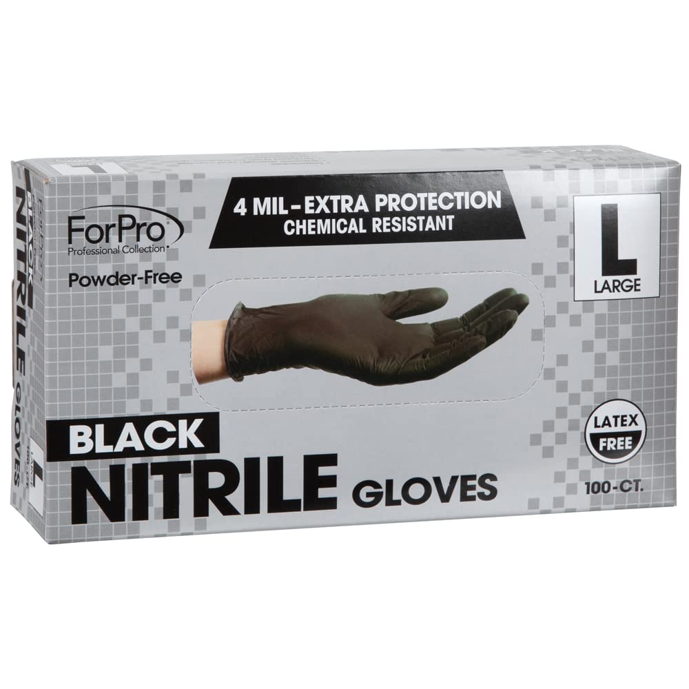 ForPro Disposable Nitrile Gloves, Powder-Free, Latex-Free, Chemical & Food Safe, Non-Sterile, 4 Mil, Black, Large, 100-Count