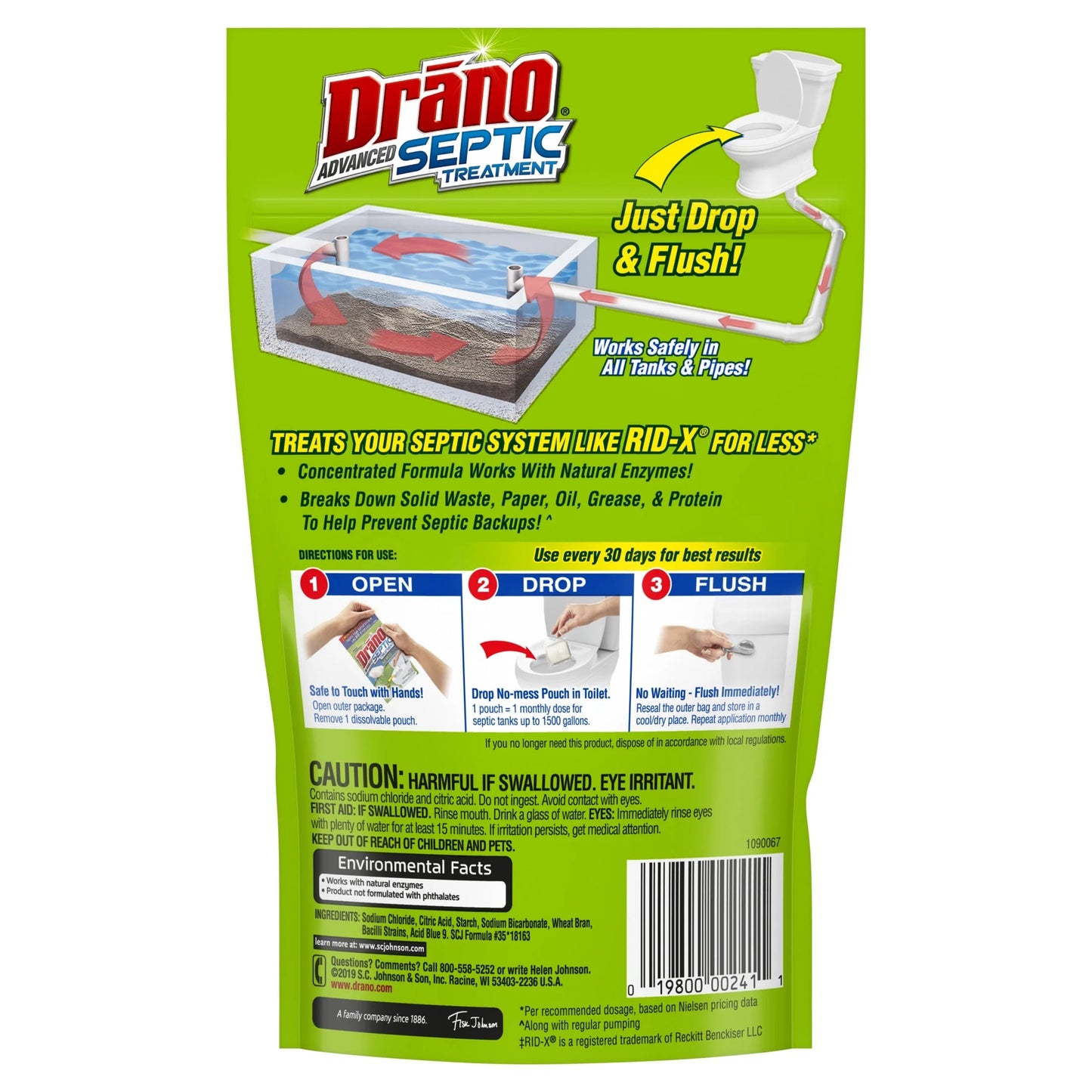 Drano Advanced Septic Treatment, Monthly Flushable Septic Tank Enzyme Care, 4.5 Oz, 3 Count